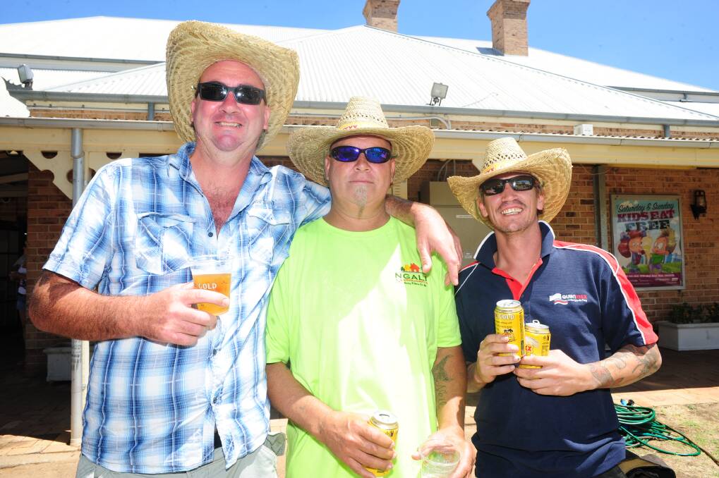 AUSTRALIA DAY AT THE MACQUARIE INN: Cameron Wade, Bud Towney and Wade Pipe. Photo: CHERYL BURKE