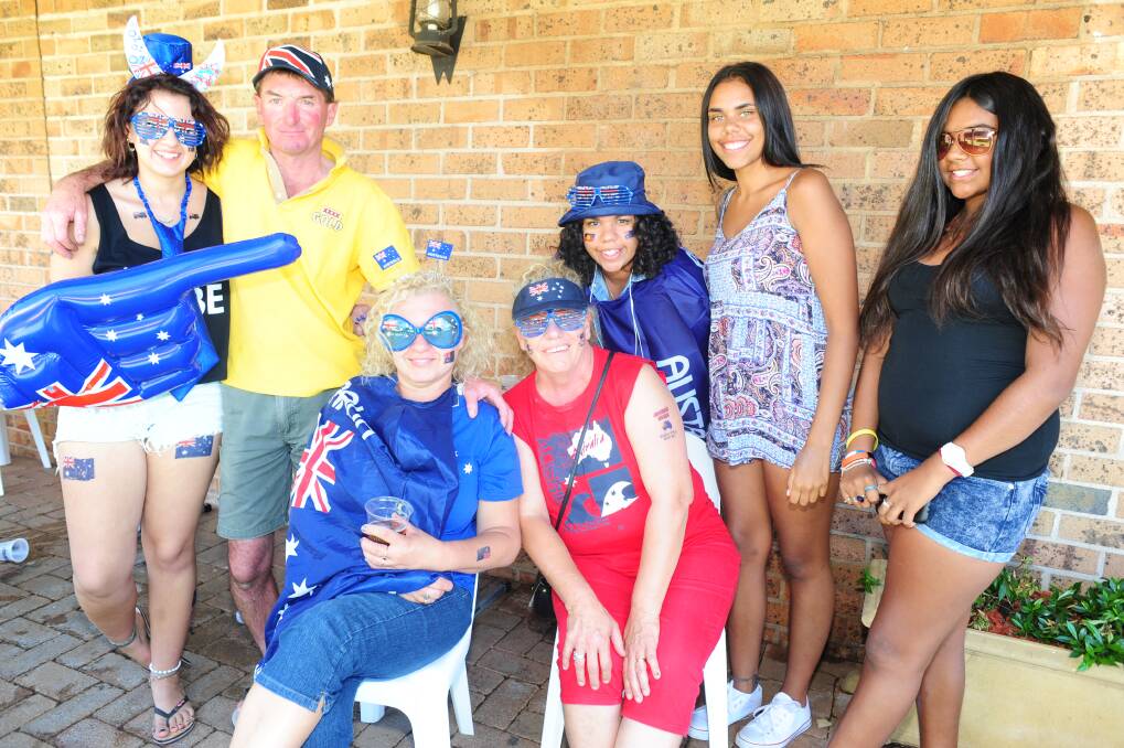 AUSTRALIA DAY AT THE MACQUARIE INN: Teagen Percy, Greg Bloink, Taylor Hilder, Shanice Hilder, Chenelle Butler, Lyn Percy and Anne O'Connor. Photo: CHERYL BURKE