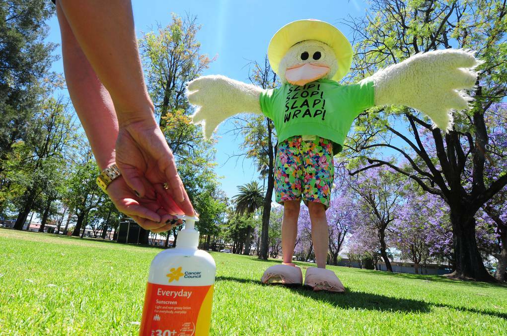 Sid the seagull helps promote the week of National Skin Cancer Action Week during a visit to Victoria Park. Photo: LOUISE DONGES