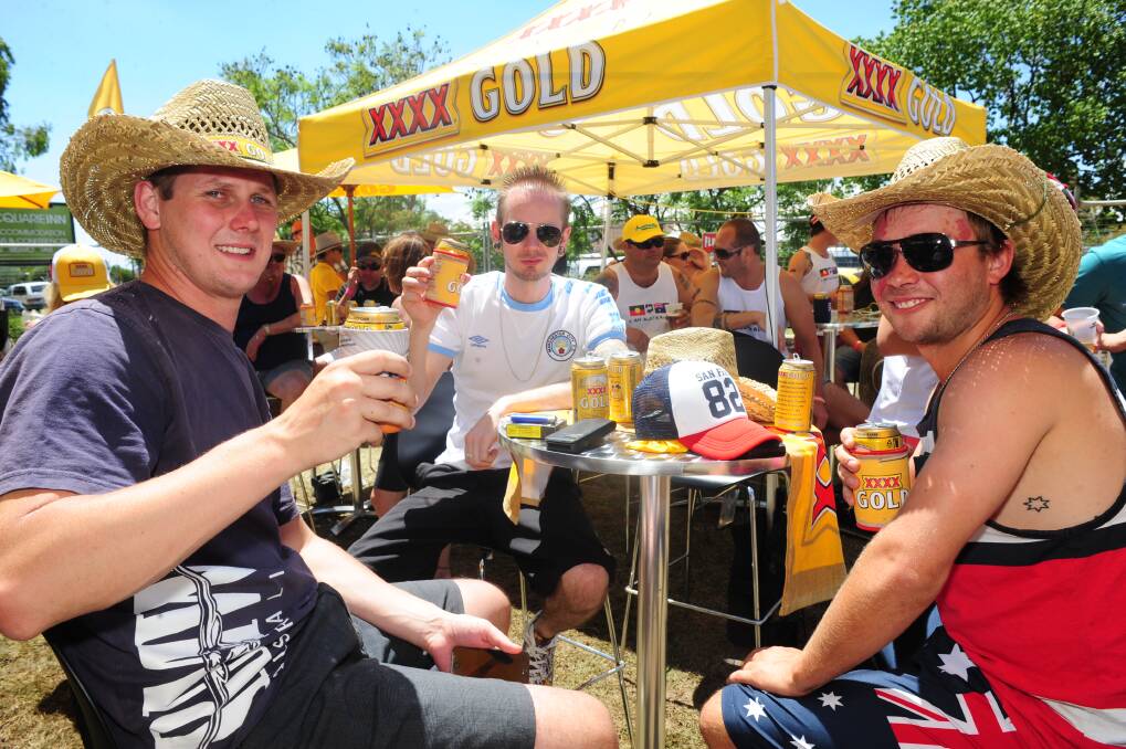 AUSTRALIA DAY AT THE MACQUARIE INN: Josh Macintosh, Ryan Stubbs and Steven Larkinghs. Photo: CHERYL BURKE