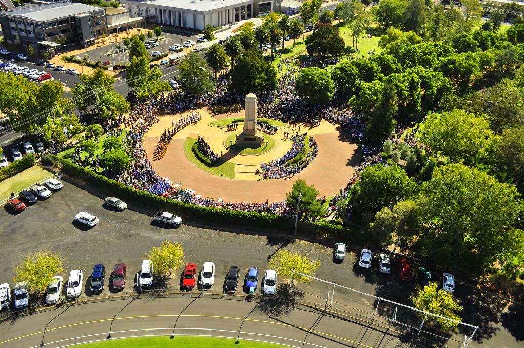 A record crowd was at the Victoria Park cenotaph to honour the fallen at the post-parade ceremony. Photo: PAUL CREMIN, AERIAL PHOTOGRAPHY