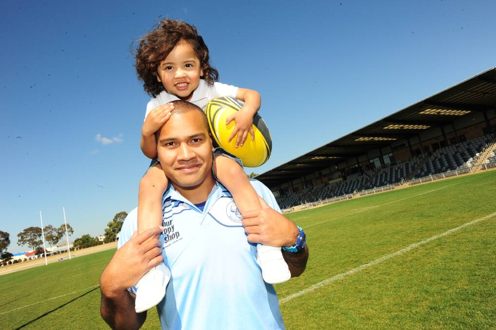 LEFT: Dubbo Macquarie second-rower Moses Manu and his three-year-old son Kobe at Apex Oval. PHOTO BELINDA SOOLE