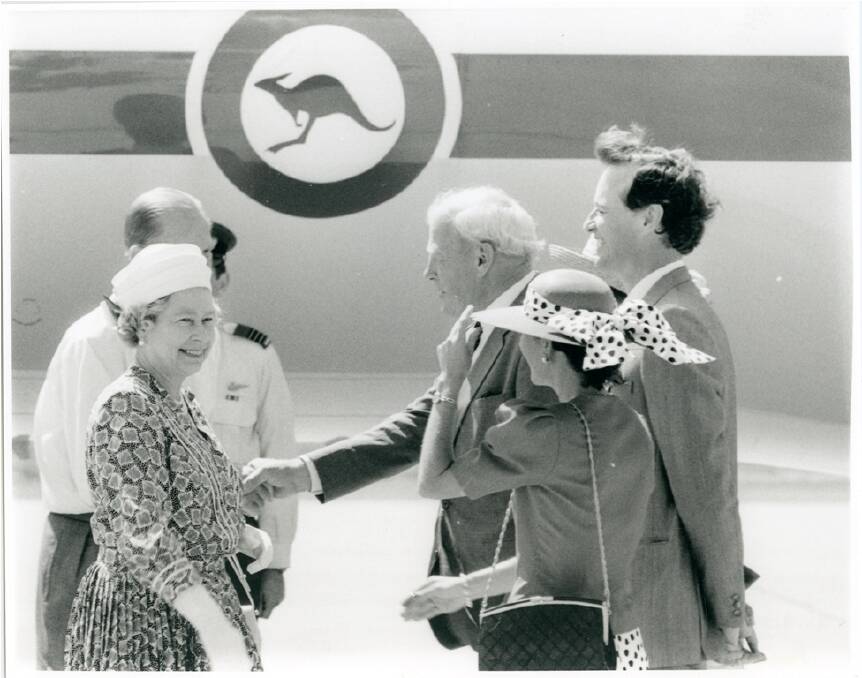 Member for Dubbo Gerry Peacocke was floating on cloud nine on February 21, 1992 after sitting next to Queen Elizabeth II at a State Luncheon at the Dubbo Civic Centre. Mr Peacocke (centre) met the Queen and Prince Phillip as they arrived at Dubbo airport.