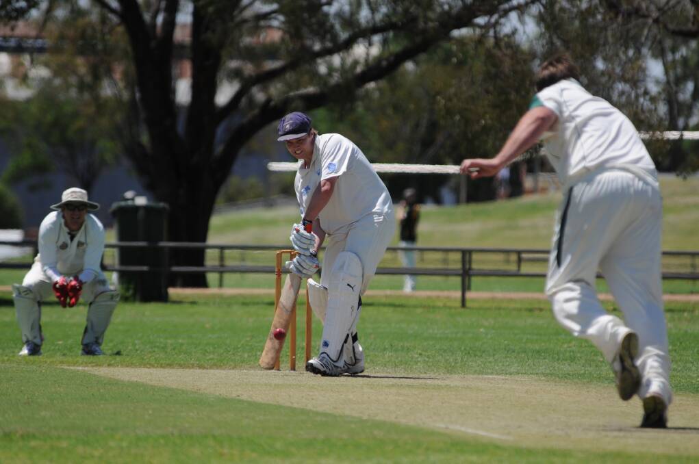 Macquarie’s Daniel Medway goes on the attack during his knock of 160 against CYMS on Saturday.                       Photo: JOSH HEARD