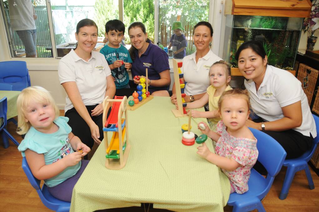 Children and staff play at Regand Park Early Childhood Education Centre, Bella James, Justine Cook, Ehan Ahmed, Catherine Gowans, Jac Benn, Hayley Carolan, Eva Cusack and Amira Coon. 	Photo: AMY McINTYRE