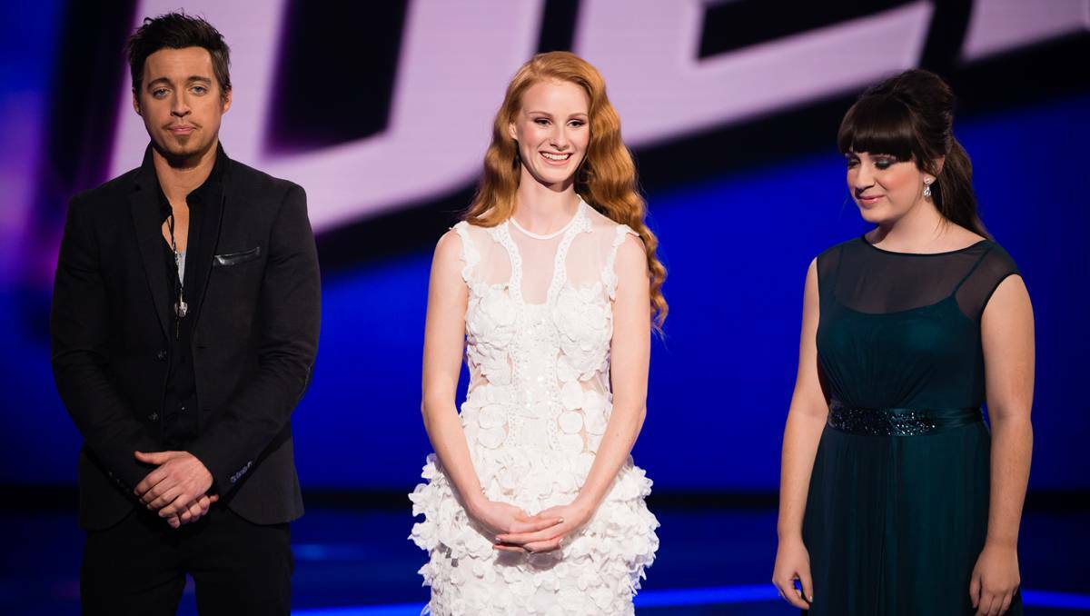 Forbes’ Celia Pavey (centre) with fellow Team Delta contestants Tim Morrison and Jackie Sannia on stage ­during the announcement of the ‘The Voice’ finalists on Monday night.