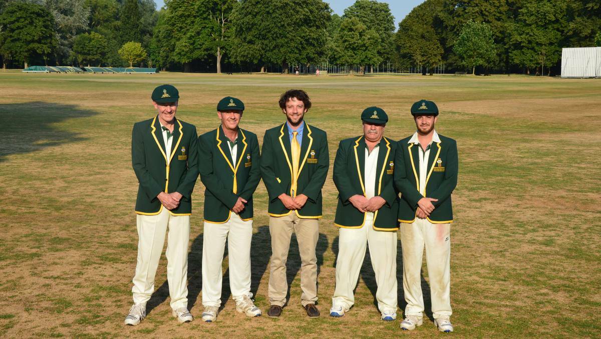 BATHURST:  Proud to be part of the Bradman Foundation’s side on its recent tour of the United Kingdom were Bathurst team members (from left) Greg Griffiths, Garth Dean, Cameron Dean, Wayne Loader and Andrew Dean. They are pictured after their final tour match at Eton.	 080113bradman
