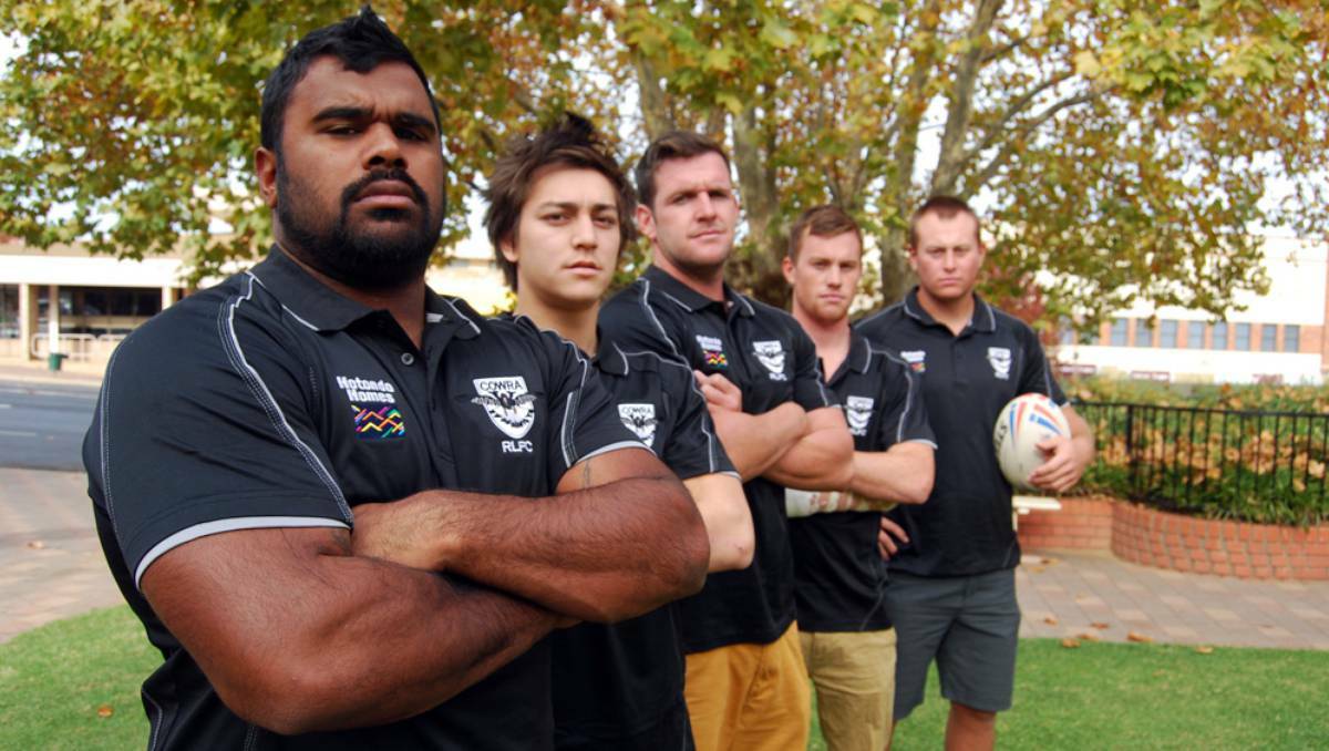 COWRA: Cowra Magpies players Warren Williams, Caley Mok, KJ Wood, Jack Nobes and Josh Rainbow. The club's president Marc McLeish will speak about its involvement in a national campaign against domestic violence at a forum on safe relationships next week.