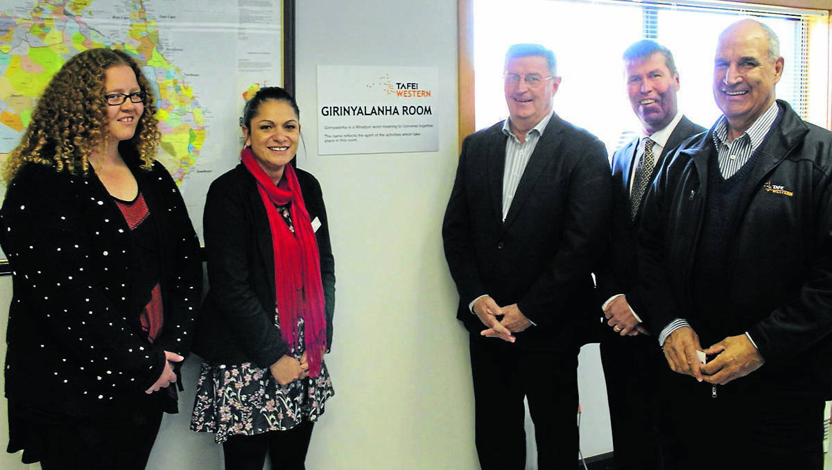 MUDGEE:  (From left) Aleshia Lonsdale of the Aboriginal Education Consultative Group, TAFE Western Aboriginal Community Consultant Lisa Crawford, Mid-Western Regional Council Mayor Cr Des Kennedy, TAFE Western Director Education Delivery Andrew Crowley, and TAFE Western’s Manager of Aboriginal Education and Training Rod Towney, officially unveil the new Aboriginal name ‘Girinyalanha’ for the conference room at the Mudgee campus.