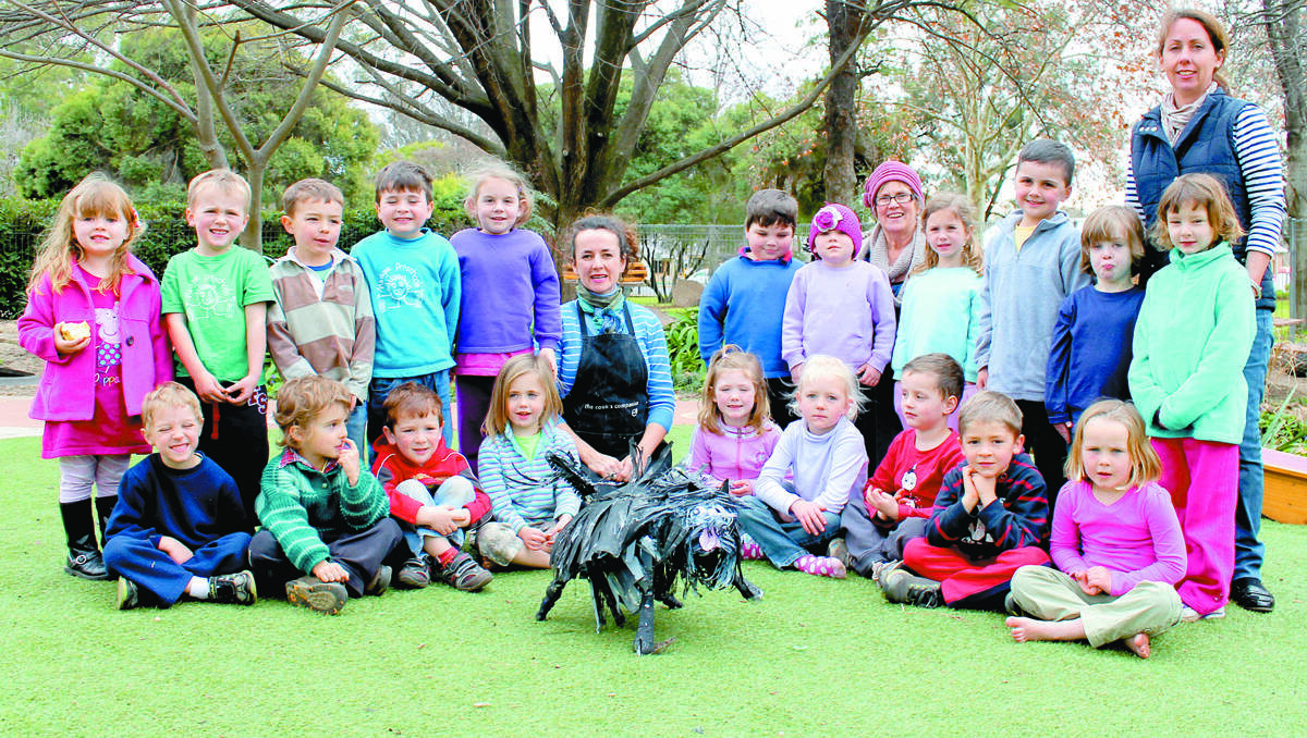 MUDGEE: Middle Room class from Mudgee Preschool with their Hairy Maclary made with strips of plastic bottles, joined by artist Felicity Cavanough and teachers Jenny Tribe and Kate Brakel.