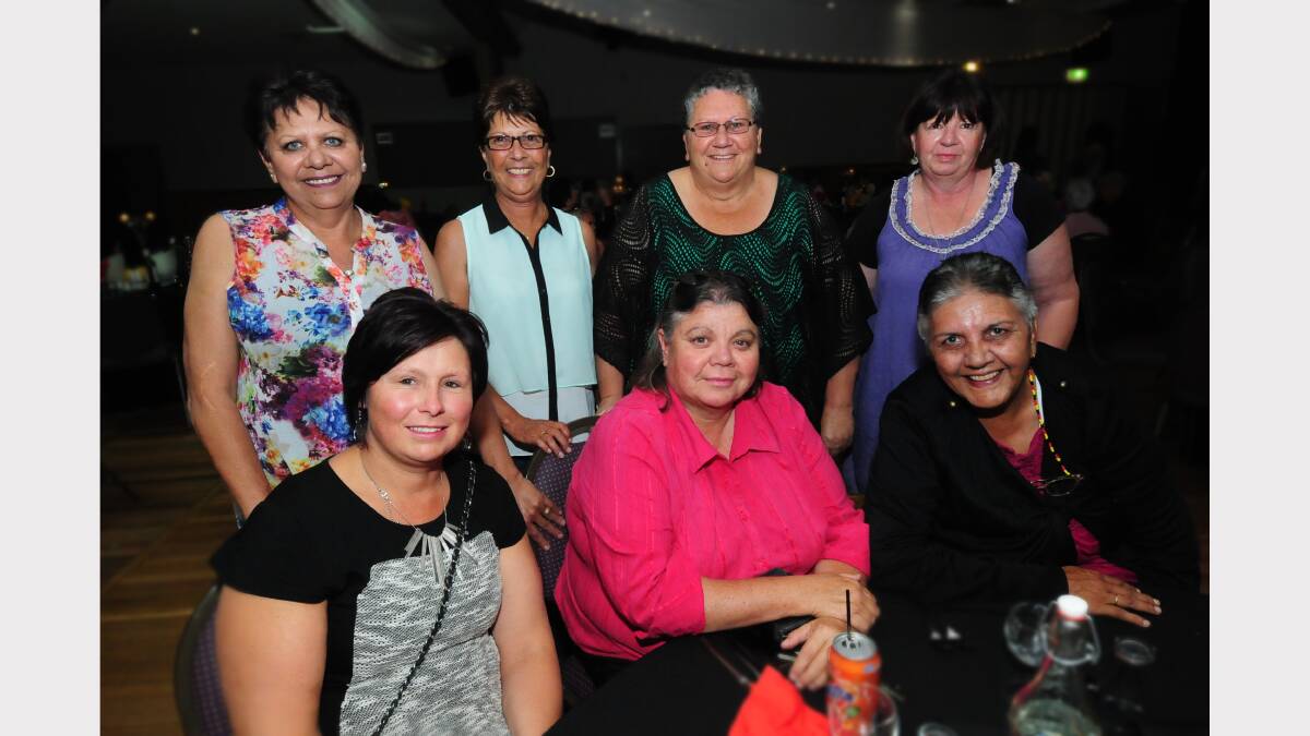 At the official dinner, back left to right, Debbie Beaham, Cheryl Wasley, Karen Andraske and Roz Tiffen. Front left to right, Wendy Holmes, Desley Mason and Robyn Payne.