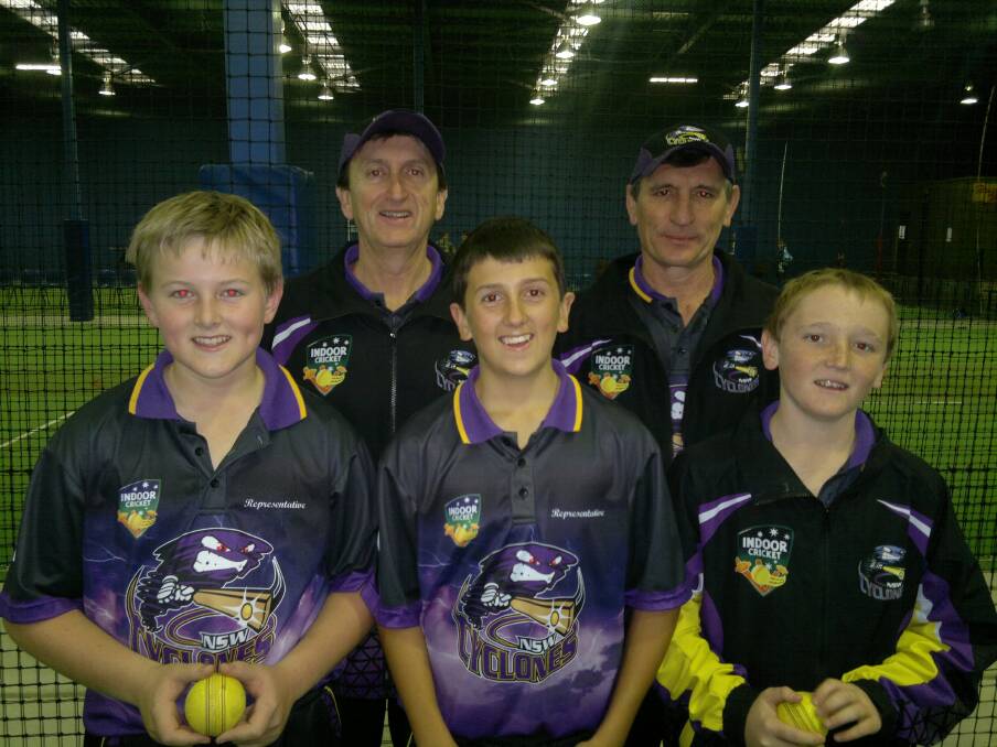 At the National Indoor Junior Cricket Championships: members of the winning NSW Country Cyclones team from Dubbo Henry Railz, captain Marty Jeffrey and Charlie Kempston; with manager Mick Jeffrey and coach Al Edwards.