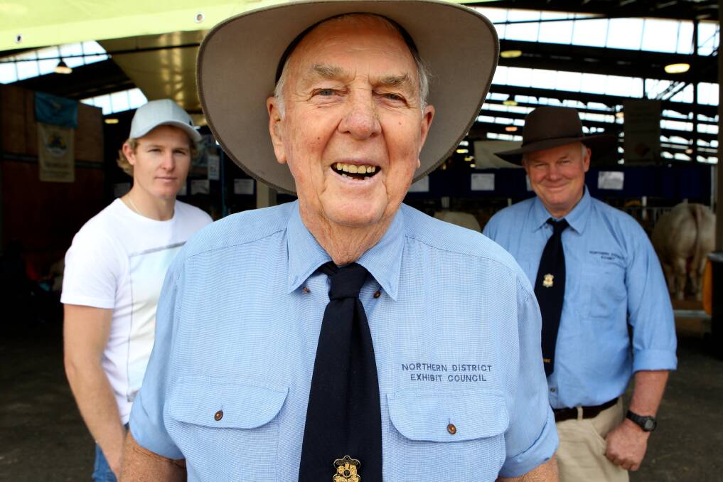 Three generations of farmers, Ray 'Joe' Reid, 88,Graeme Reid, 62, and Cameron Reid, 25, at the Sydney Royal Easter Show. Photo: Janie Barrett