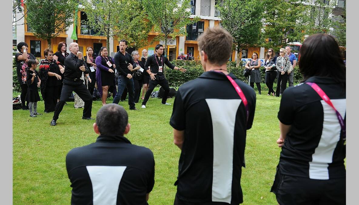 The New Zealand team receives the Haka during the New Zealand Flag Raising Ceremony at the Olympic Park on August 27, 2012 in London, England. (Photo by Christopher Lee/Getty Images)