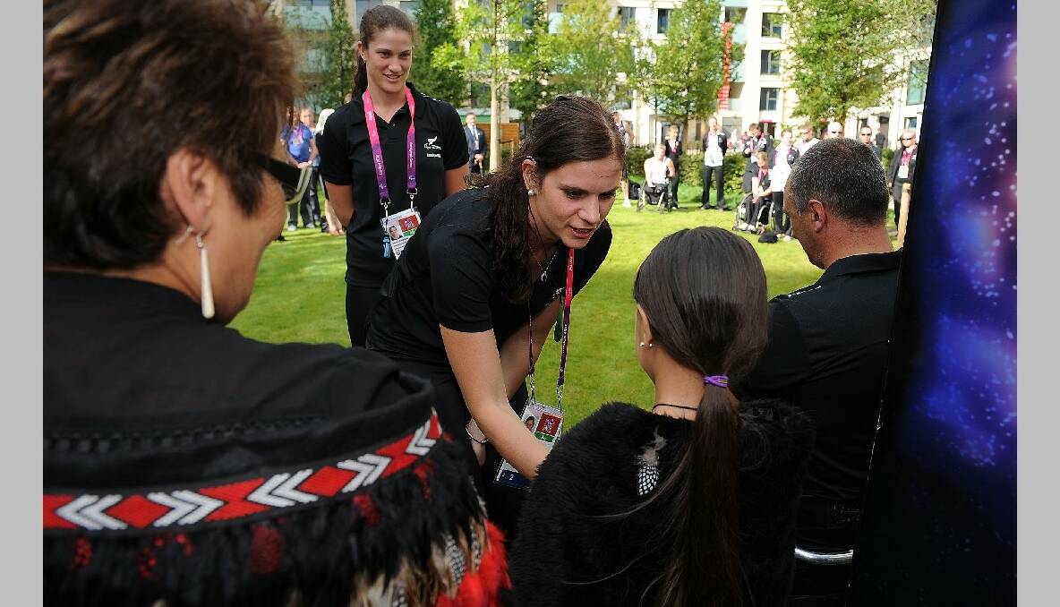 Phillipa Gray of New Zealand is welcomed during the New Zealand Flag Raising Ceremony at the Olympic Park on August 27, 2012 in London, England. (Photo by Christopher Lee/Getty Images)