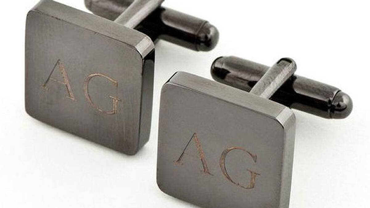 Personalised Engraved Square Gunmetal Cufflinks, $70, tiesncuffs.com.au.