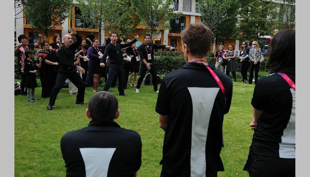 The New Zealand team receives the Haka during the New Zealand Flag Raising Ceremony at the Olympic Park on August 27, 2012 in London, England. (Photo by Christopher Lee/Getty Images)