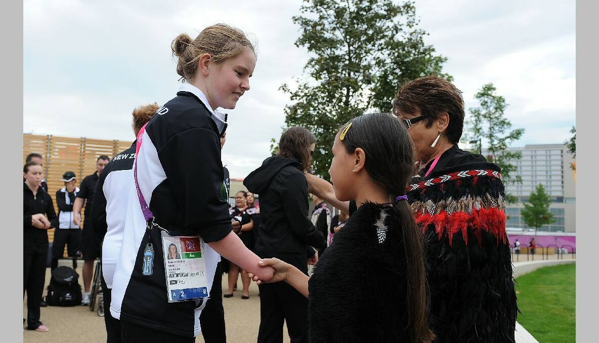 Nikita Howarth of New Zealand is welcomed during the New Zealand Flag Raising Ceremony at the Olympic Park on August 27, 2012 in London, England. (Photo by Christopher Lee/Getty Images)