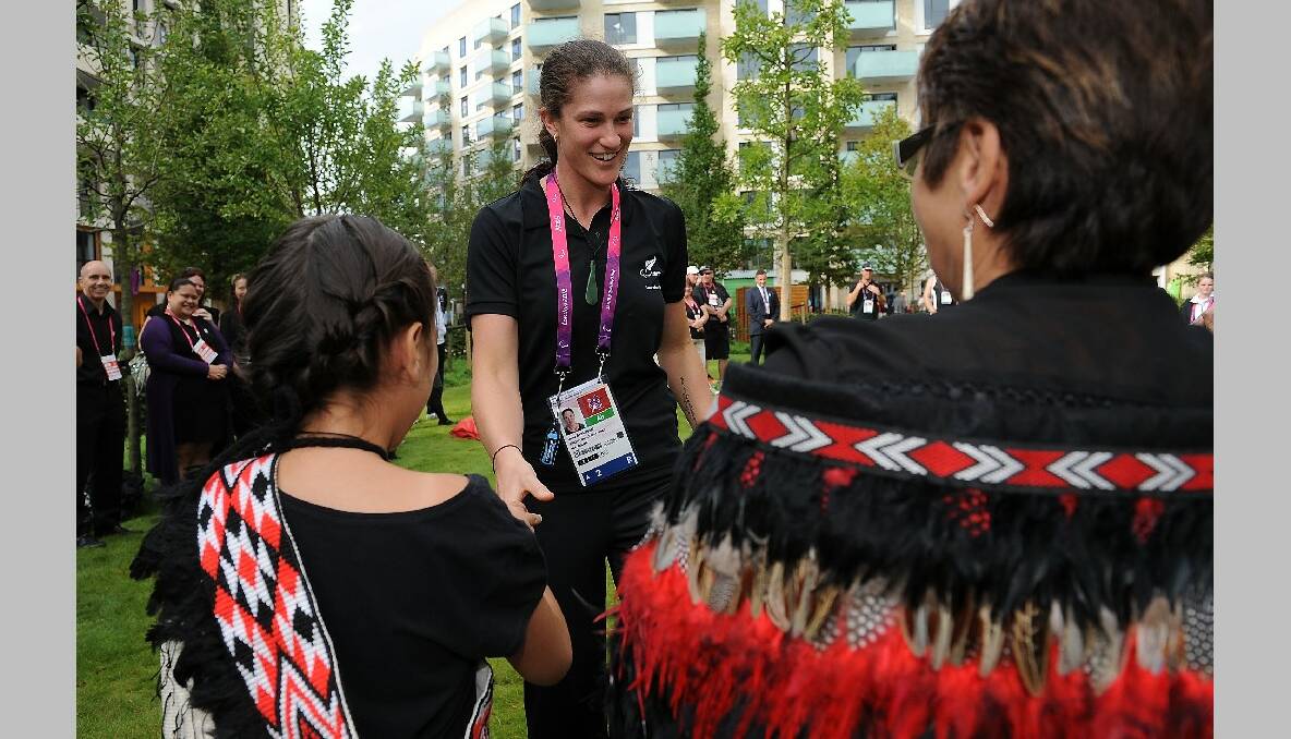 Laura Thompson of New Zealand is welcomed during the New Zealand Flag Raising Ceremony at the Olympic Park on August 27, 2012 in London, England. (Photo by Christopher Lee/Getty Images)