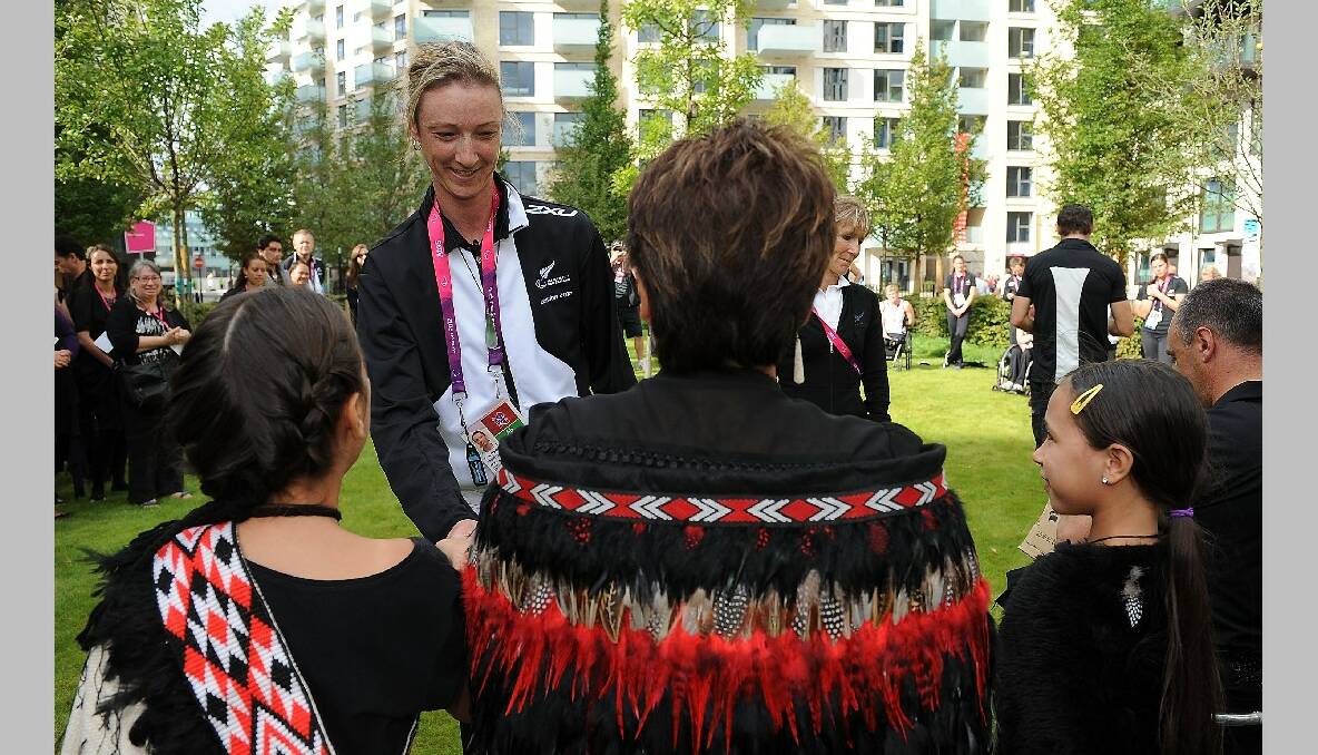 Kylie Young of New Zealand is welcomed during the New Zealand Flag Raising Ceremony at the Olympic Park on August 27, 2012 in London, England. (Photo by Christopher Lee/Getty Images)