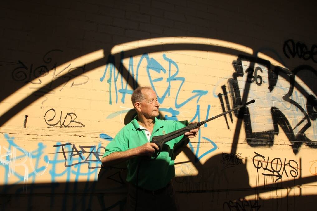 Retired accountant Michael Barnett, 80, a Rotary volunteer for the Graffiti removal day pictured with his equipment in Pymble, Sydney. Photo: Tamara Dean 