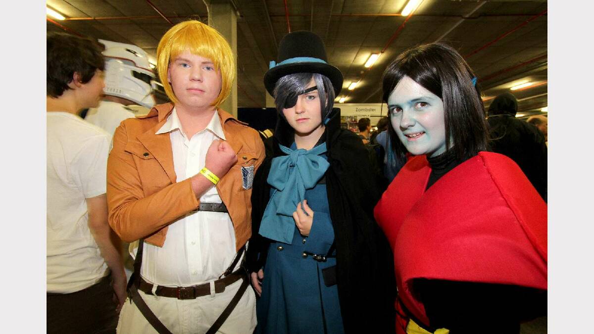 Stuart Meteyard as Armin, Jade Vitols as Ciel and Holly Vitols as Night Crawler at the Supanova Pop Culture Expo in Brisbane. Picture: Michelle Smith