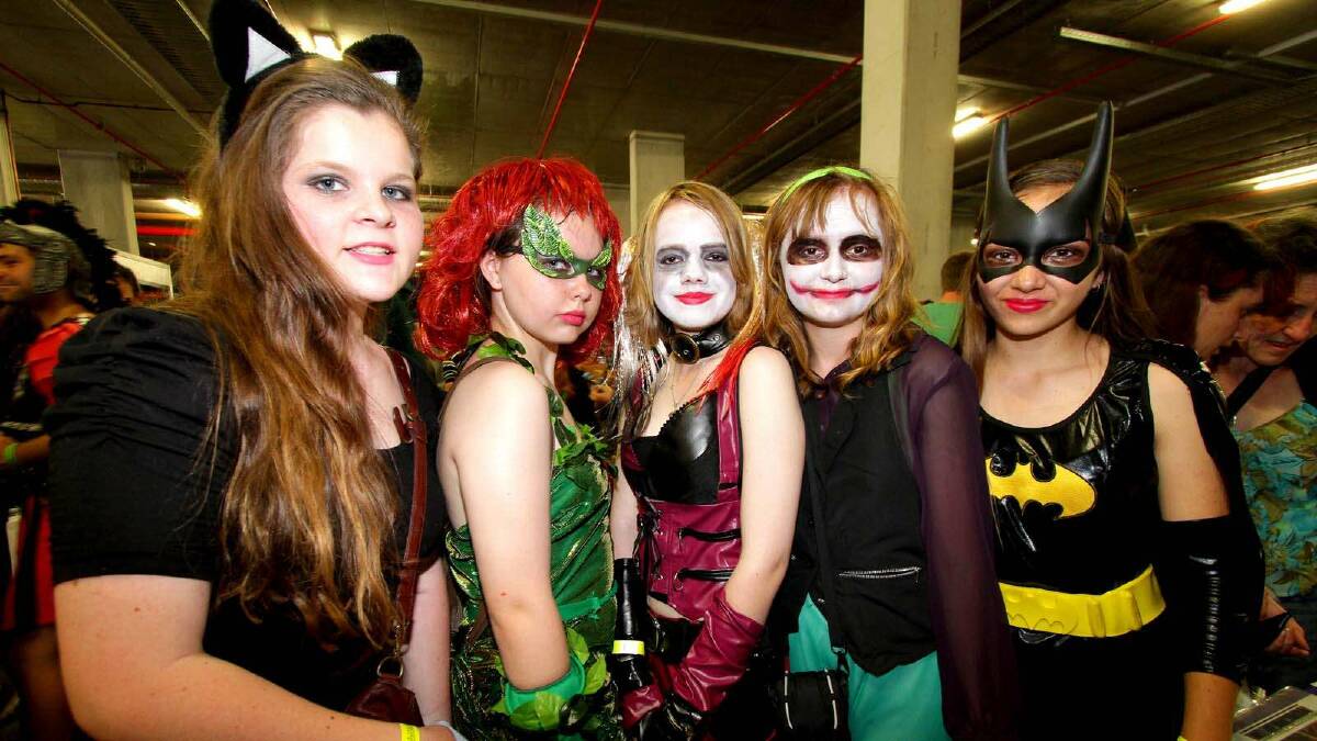 Claire Prater, Kelsey Todd, Tamsyn Caird, Bronte Whitlock and Pheobe de Araugo dressed up as Batman characters at the Supanova Pop Culture Expo in Brisbane. Picture: Michelle Smith