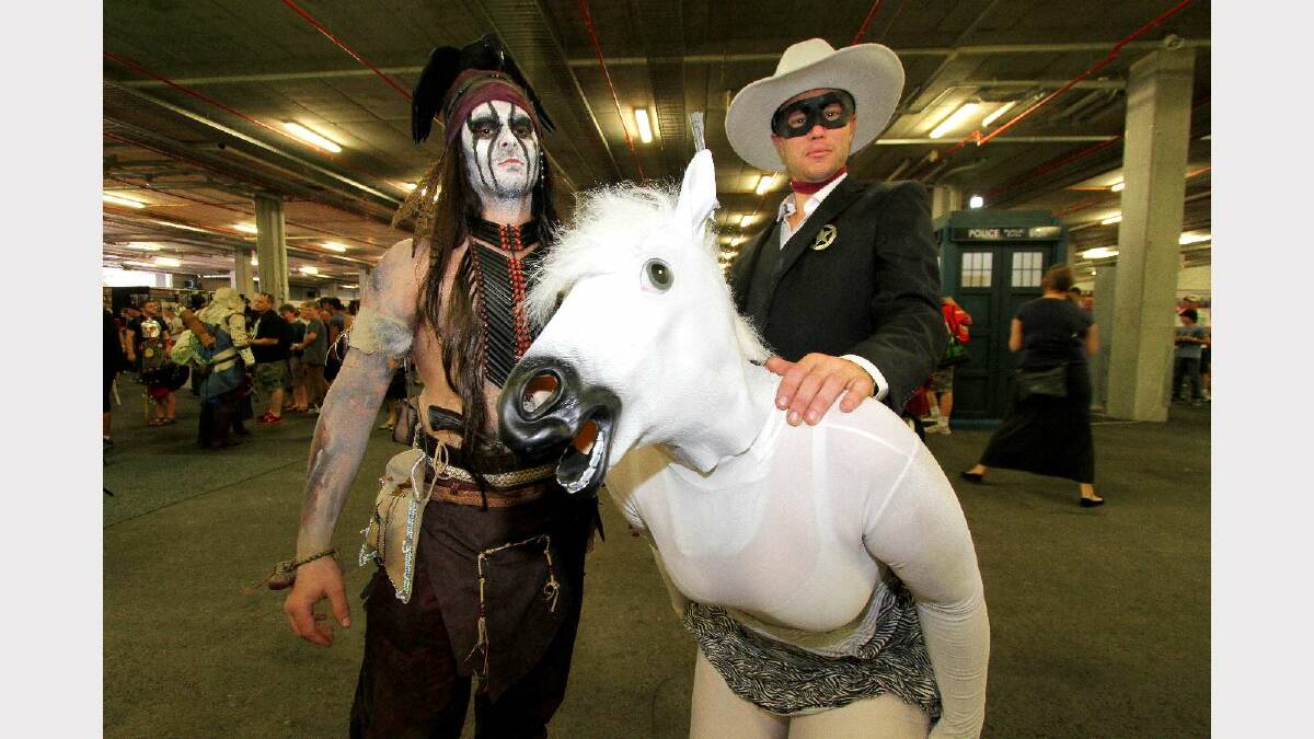 Curt Ubank as Tonto, Nick Pullos as the Lone Ranger and Kim Lodington as Silver the horse at the Supanova Pop Culture Expo in Brisbane. Picture: Michelle Smith
