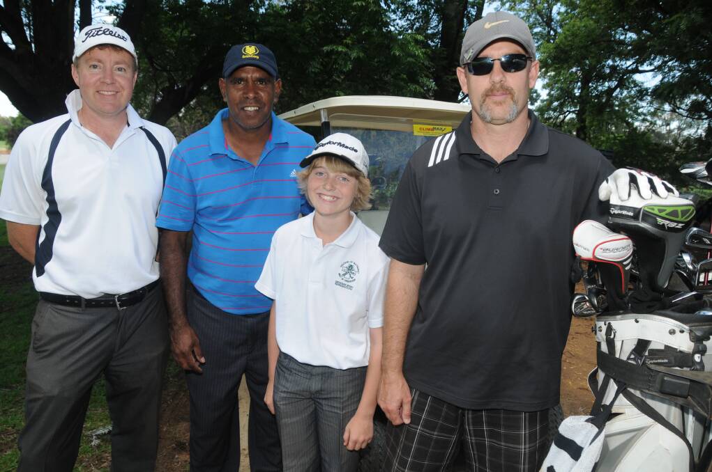 Up and coming golf talent Lachlan Jones (3rd left) on the course with his dad Jason Jones, along with Morris Sullivan and Barry Elliott.
