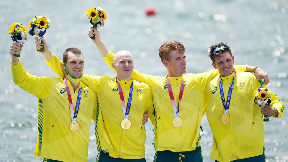 GOLDEN BOYS: Nyngan's Jack Hargreaves (third from left) and his teammates are now Olympic Gold Medal winners. Photo: MIKE EGERTON/AAP