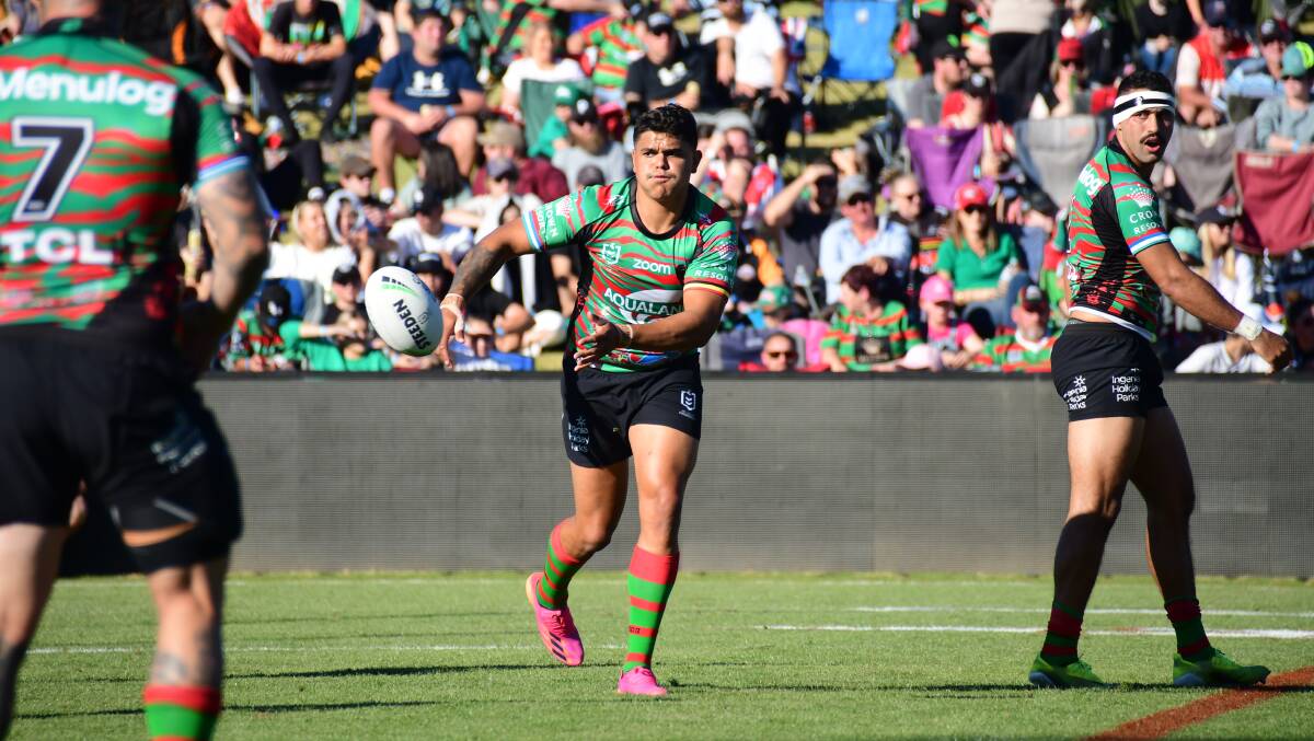 STAR: Latrell Mitchell and his South Sydney Rabbitohs teammates play in front of a full capacity crowd at Apex Oval. Picture: AMY MCINTYRE