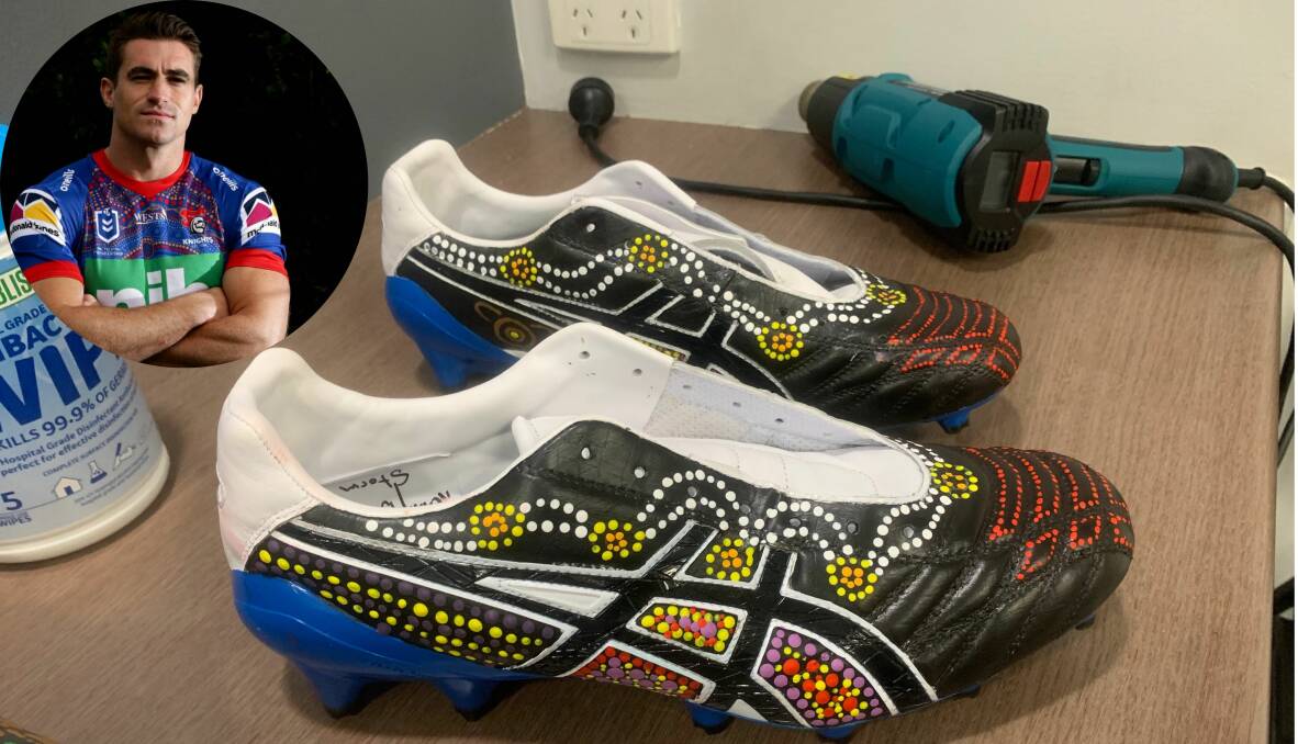GREAT CAUSE: Dubbo's Connor Watson (inset) allowed several local kids the chance to paint boots for NRL stars. Photo: CONTRIBUTED