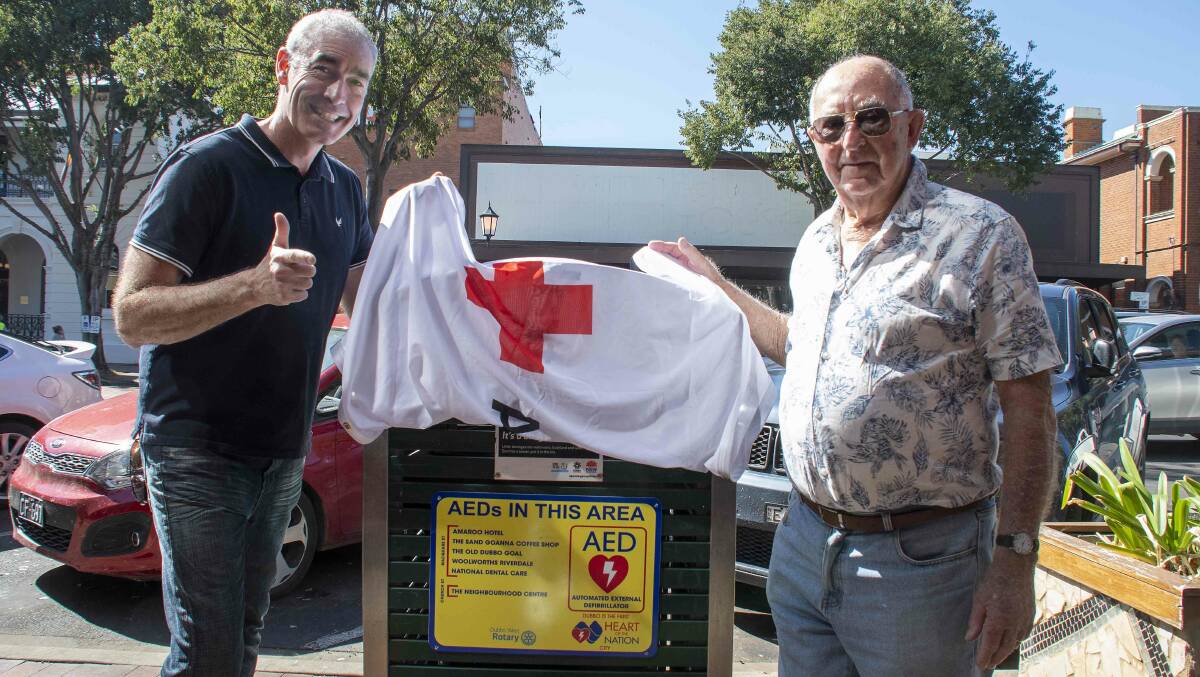 IMPORTANT SIGNS: Greg Page and George Chapman with one of the new AED location signs in the Dubbo CBD. Picture: BELINDA SOOLE