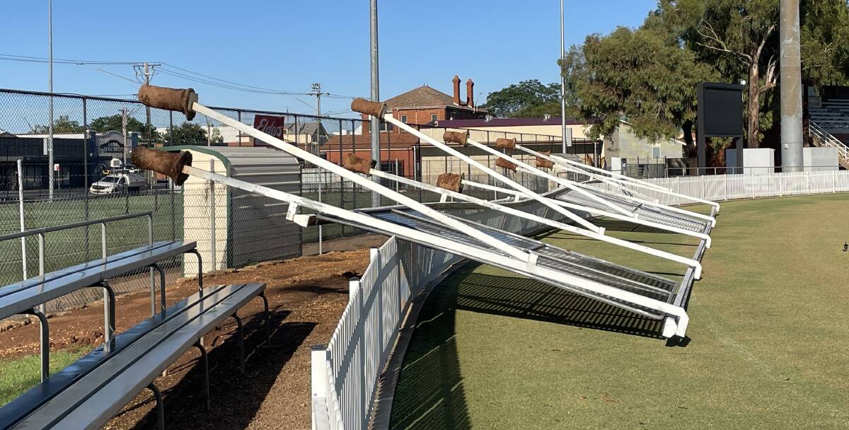 No.1 Oval's sight screen was ripped out of the ground during the massive storm on Thursday night. Picture by Nick Guthrie