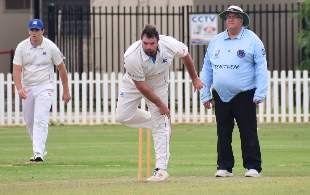 BENDING THE BACK: Macquarie opening bowling Ben Strachan sends one down against Souths on Saturday. Picture: AMY MCINTYRE