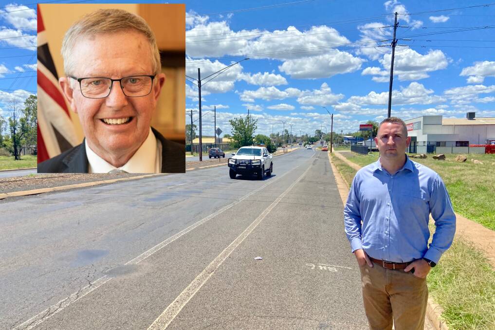 STIMULUS: Dubbo Regional Councillor Dayne Gumley is calling for the Australian Government to boost funding to major infrastructure project in the region. Inset: Federal Member for Parkes Mark Coulton. PHOTO: Contributed