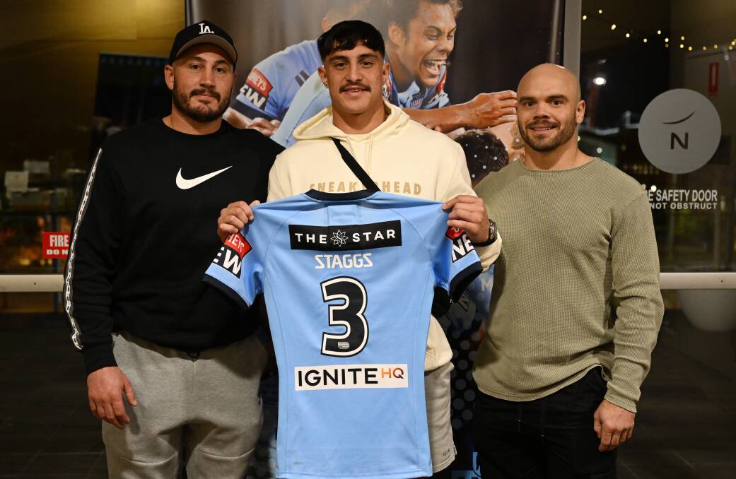 Aidan Ryan (right) was on hand to present Kotoni Staggs with his first NSW State of Origin jersey. Picture: NRL Photos
