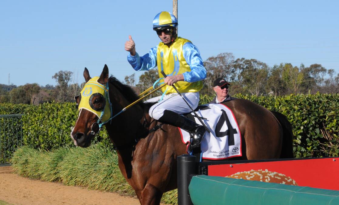 Kody Nestor rode his former gelding Boom Boom Basil to a win at Dubbo on Monday. Picture by Tom Barber