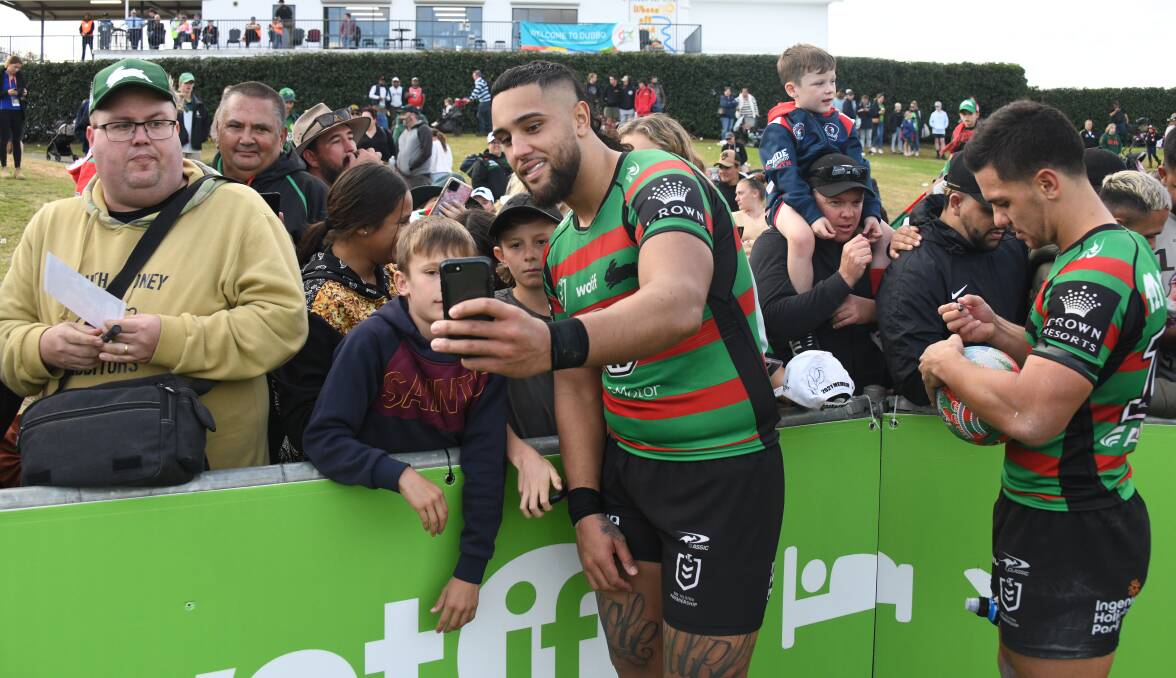 South Sydney Rabbitohs star Keaon Koloamatangi interacts with fans at Apex Oval last year. Picture by Amy McIntyre