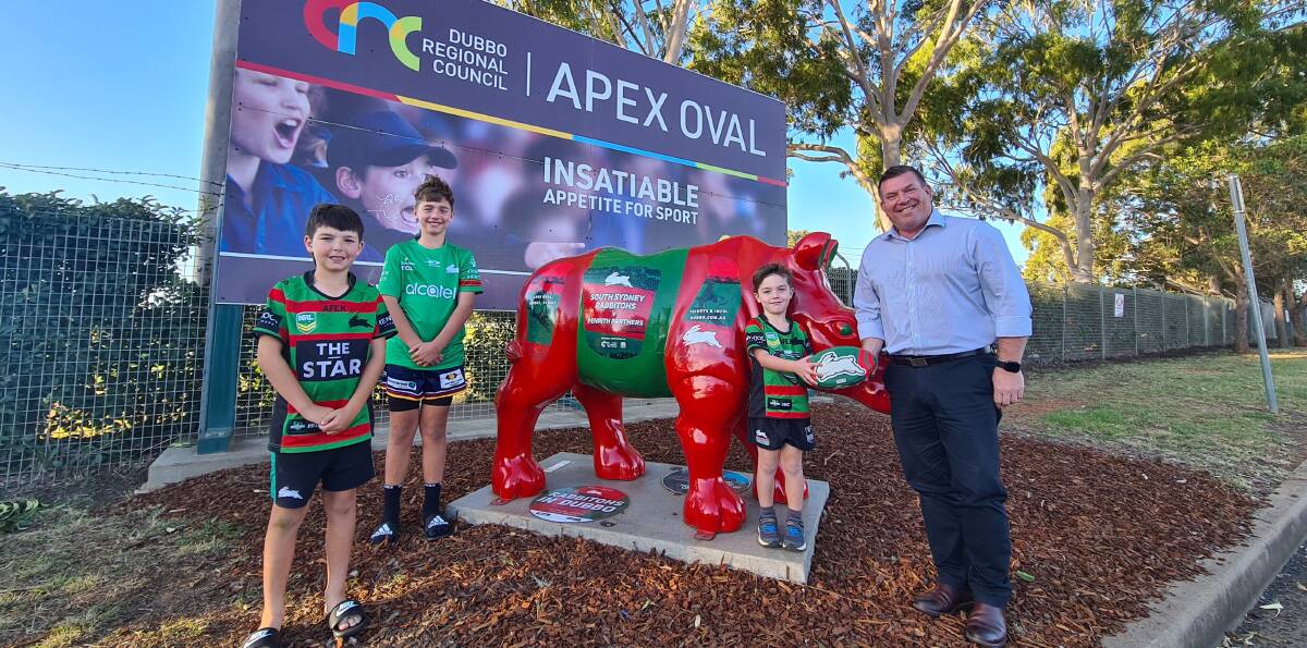 READY TO GO: South Sydney fans Lawson, Harvey and Spencer Marchant with Member for the Dubbo electorate Dugald Saunders at Apex Oval. Photo: CONTRIBUTED