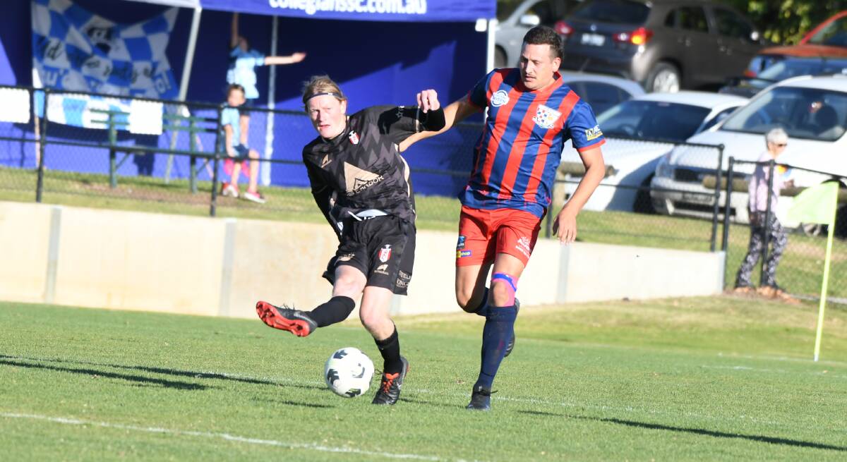 LATE PRESSURE: Orana Spurs' Jake Ferguson (right) pictured in round three, scored one of the sides four goals on Friday night. Photo: CHRIS SEABROOK.