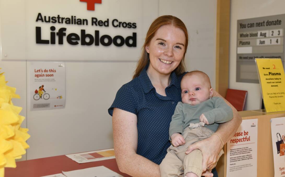 Forbes mother Nicole Blinco and son Eli Davis visited the Orange Lifeblood Donor Centre to urge people to give blood. Picture by Carla Freedman