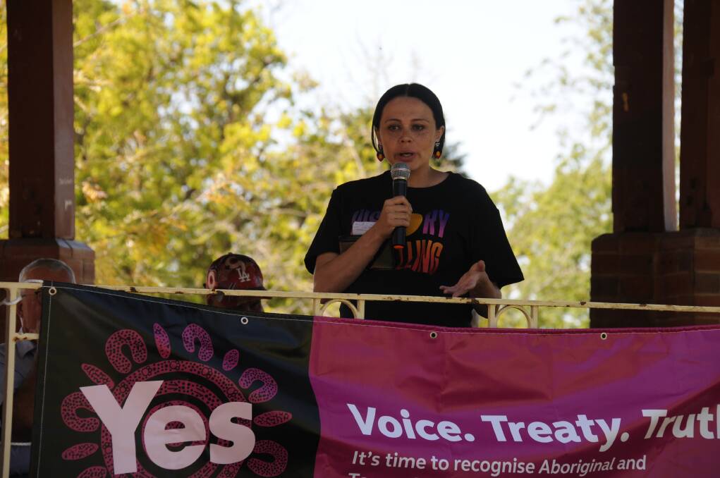 Dubbo Local Aboriginal Land Council CEO Tatum Moore speaks at an event in support of the Voice. Picture by Allison Hore