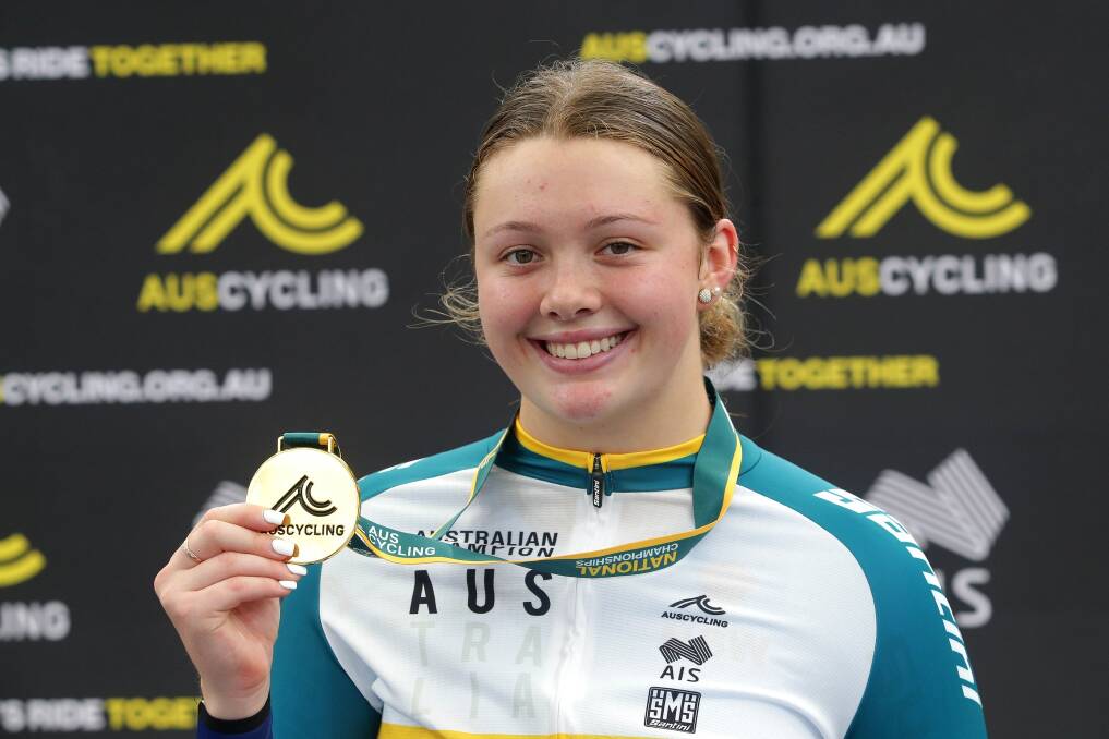 GOLD: Tyler showing off her medal at the 2022 National Track Titles. Picture: John Veage