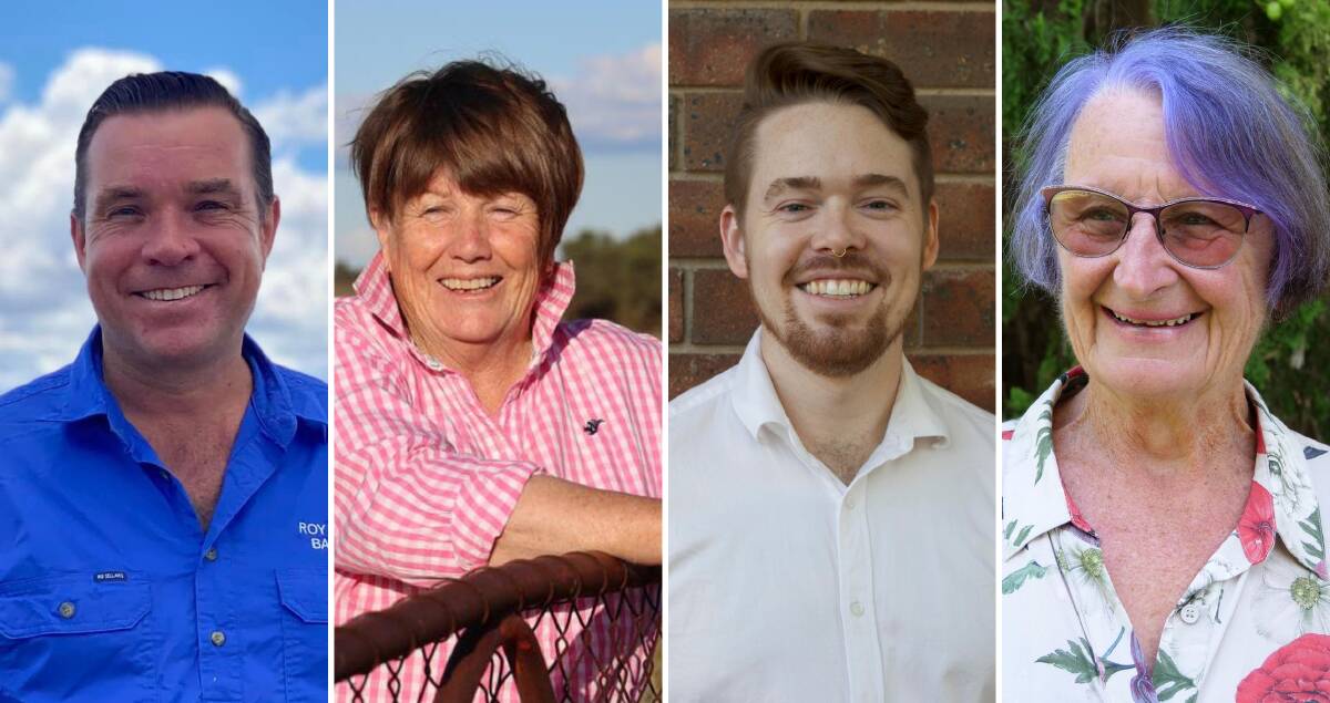 Roy Butler (independent), Annette Turner (Nationals), Joshua Roberts-Garnsey (Labor) and Pat Schultz (Greens) are candidates for Barwon in 2023. Pictures supplied