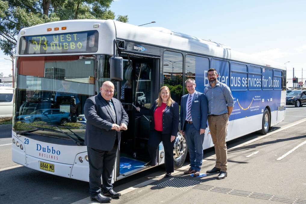 Dubbo Buslines Chris Moule, Regional Transport Minister Jenny Aitchison, Mayor Mathew Dickerson and Damien Pfiffer Transport NSW Acting Regional Director West. Picture by Belinda Soole
