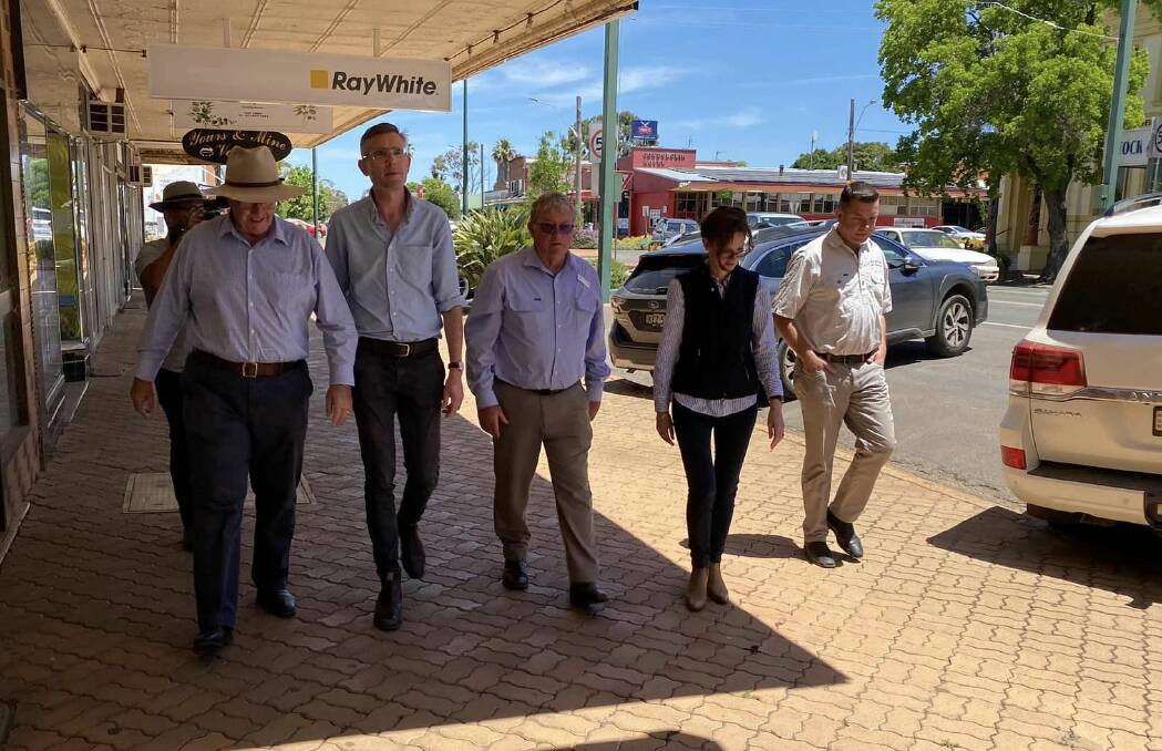 Federal Member for Parkes Mark Coulton, NSW Premier Dominic Perrottet, Emergency Services Minister Steph Cooke and Roy Butler visit Condobolin on Friday. Picture supplied