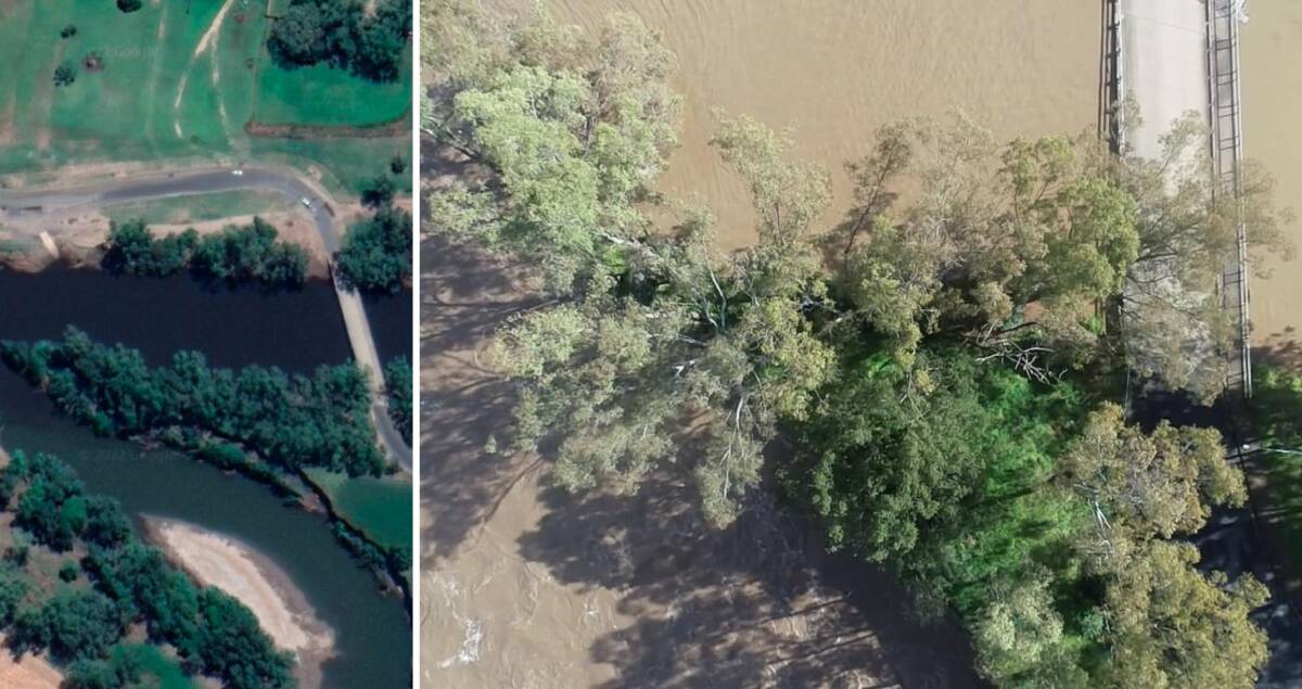 The junction between the Macquarie and Bell rivers at the Duke of Wellington Bridge earlier this year and this week. Pictures by Maxar Technologies and Jaren Wykes