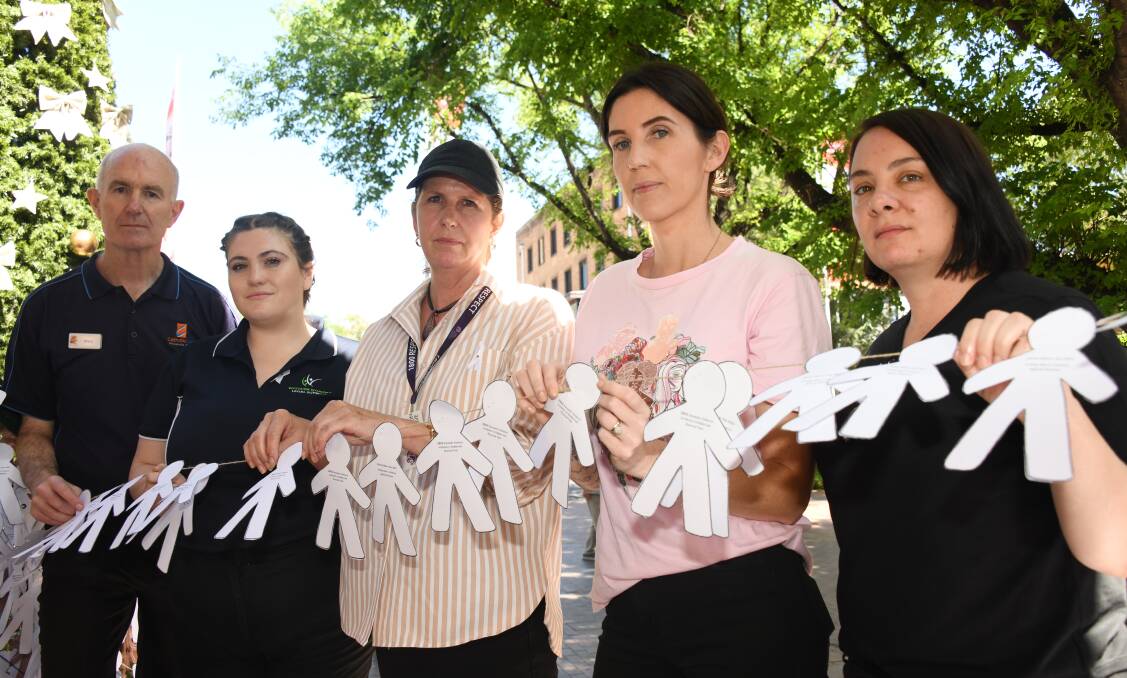 Mark Noonan, Tori Mines, Angela Coker, Denni Talbot and Jess Phelps at a White Ribbon Day event in Dubbo. Picture by Amy McIntyre