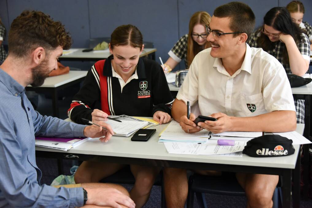 Teacher Matt Polack with HSC students Skylas Whalley and Thomas Proberts. Picture supplied